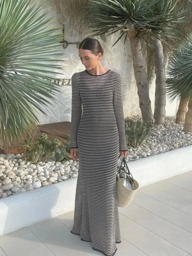 

Striped Knitted Maxi Dress For Women Sexy O-neck Long Sleeve See Through Dresses Summer Lady Chic Beach Vacation Robe