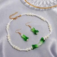 retro fashion creative green vegetable artificial pearl necklace for women chinese cabbage drop earrings jewelry