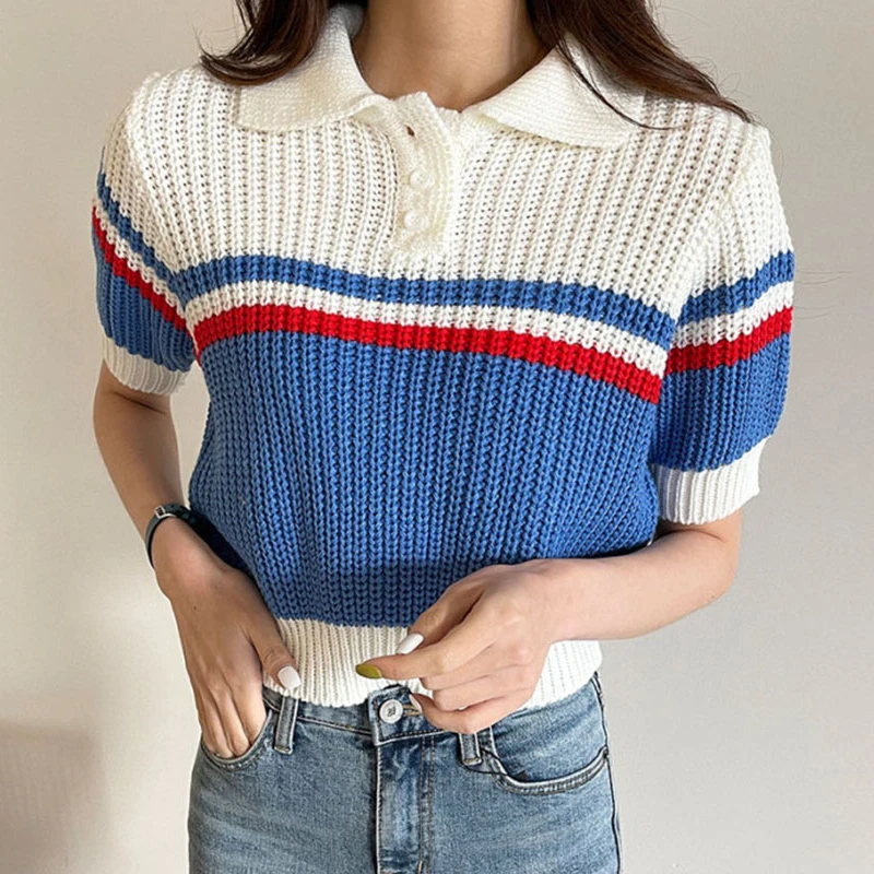 

Korean chic niche all-match Polo collar contrast color stripe design loose short puff sleeve knitted sweater top women