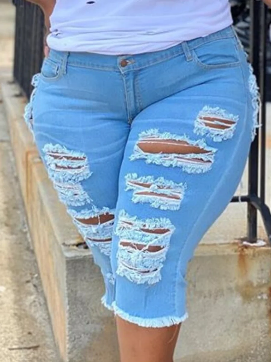 

LW Plus Size Trendy Broken Ripped Baby Blue Denim Shorts Casual Zipper Fly Mid-Waist Solid Color Holes Summer Women Pants