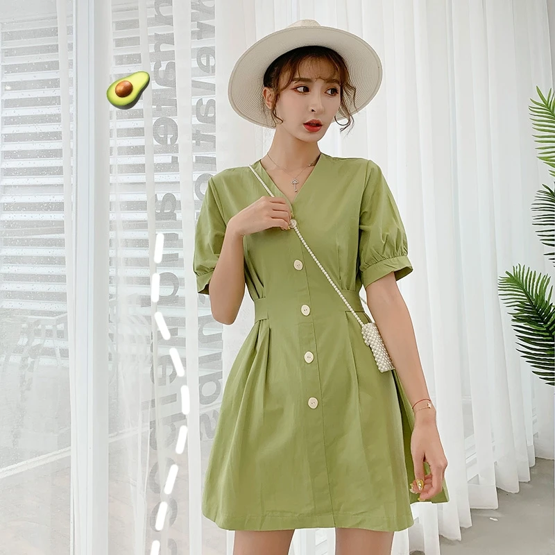 Women's 2022 High Waist V-neck Summer Dress Female Retro Slim Casual Short Sleeve Dress