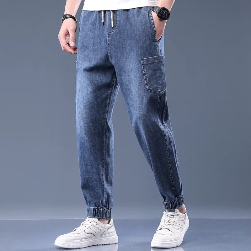 

Ankle-Tied Jeans Men's Summer Thin Fashion Brand Ins Ankle Banded Harem Pants Elastic Casual Pants