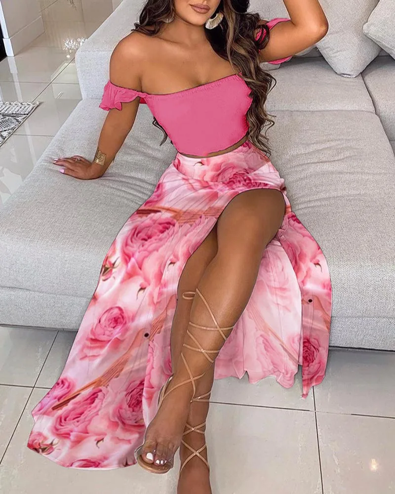 

Vintage Floral Print Long Skirts Sexy Off Shoulder Top Skirt Sets 2022 Summer Fashion Women Ladies Pleated Skirts Two Piece Set