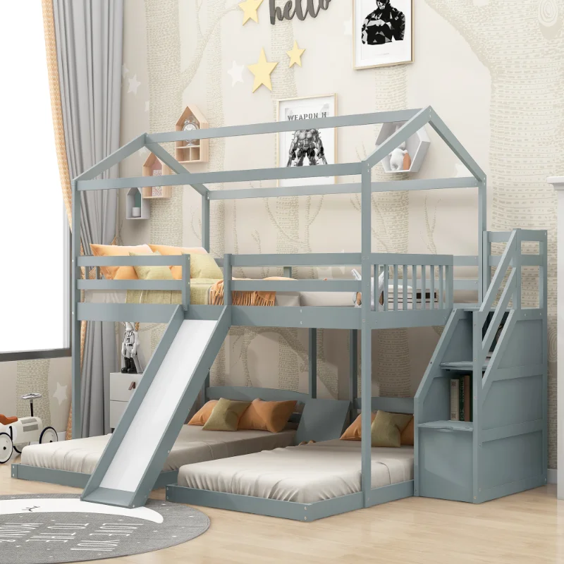 

Ull Over Twin & Twin Bunk Bed\ with Slide and Storage Staircase\ Built-in Drawer and Shelf\ Gray Gray Pine [US Stock]