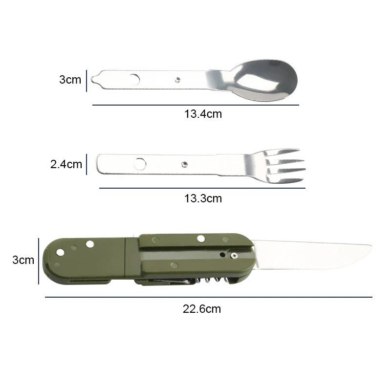 Набор посуды для путешествий из нержавеющей стали, портативный, армейской зеленый, складной, для кемпинга и пикника: нож, вилка, ложка, открывалка для бутылок, столовые приборы.