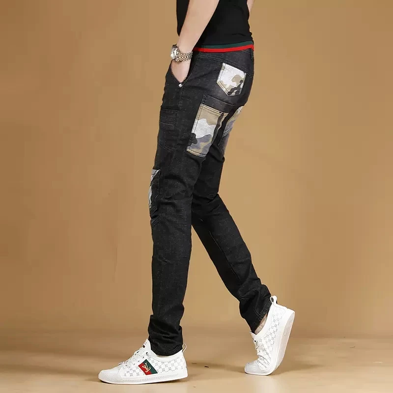 Camouflage Patchwork Black Jeans Men Summer Streetwear Regular Straight Pants Korean Style Casual Stretch Denim Trousers