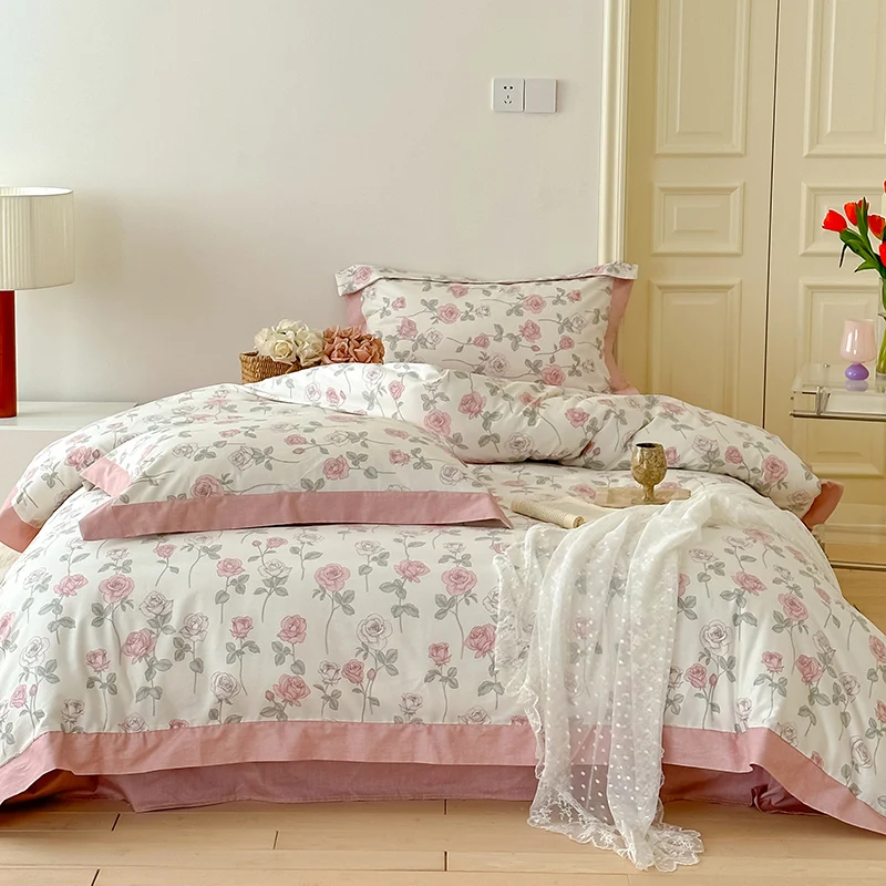 

French Vintage Pure Cotton Bedding Set 100% Egyptian Cotton Rose Flower Pattern Duvet Cover Set Flat/Fitted Bed Sheet Pillowcase