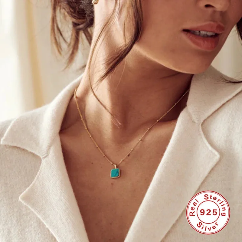 

S925 Sterling Silver TIF Square Natural Stone Collarbone Necklace Agate Turquoise Pendant Collarbone Chain Ladies Gift