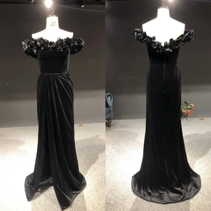 

100%Real Pictures Black Velour Off the Shoulder Short Sleeves Floor Length Party Prom Dress Dance Dress Bridal Evening Dresses