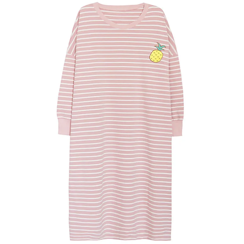2023 Women Sleepwear Summer Clothing Night Dress Cute Long Sleeve Loose Striped Embroidery Cartoon Sleepshirts Pajamas