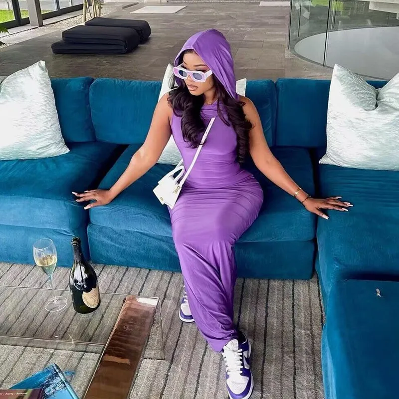 

Summer Dress For Women 2023 Beach Outfits Solid Color Hooded Sleeveless Split After Skirt Toward Set Female Polyester Streetwear