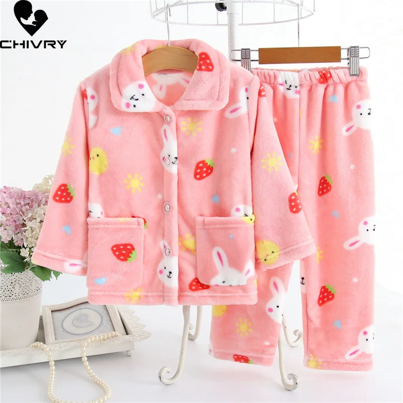 

New 2022 Kids Flannel Pajama Sets Autumn Winter Boys Girls Warm Cartoon Long Sleeve Lapel Tops with Pants Sleeping Clothing Set