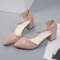 pointed toe square heel high heels sandals summer women shoes fashion buckle cutout patent leather pumps female single shoes