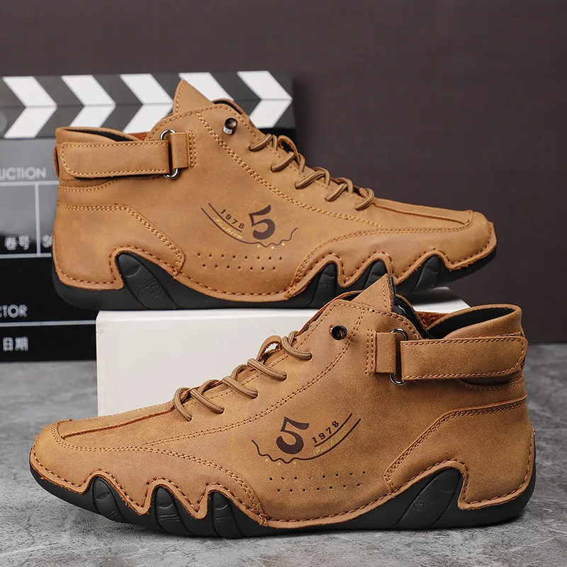 

Leather Casual Sneakers for Men Motorcycle Shoes 2023 Driving Moccasin High Top Men Boots Luxury Dress Loafers Shoes Footwear