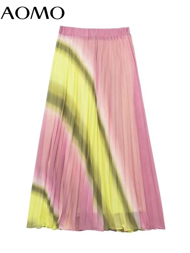 

AOMO 2023 Women Tie Dyed Print Chiffon Midi Skirt Ladies Chic Mid Calf Skirts 4Q137A