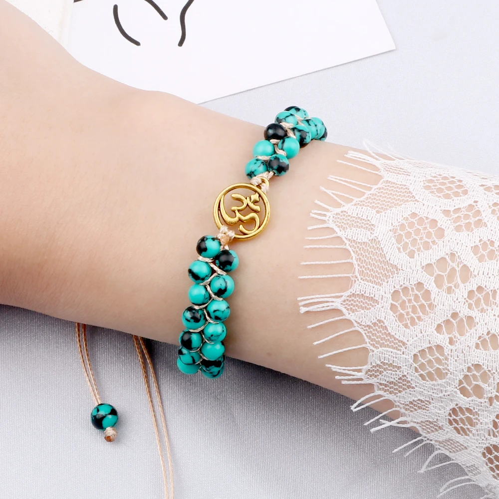 Двухрядный плетеный браслет 4 мм из зеленого и черного натурального камня