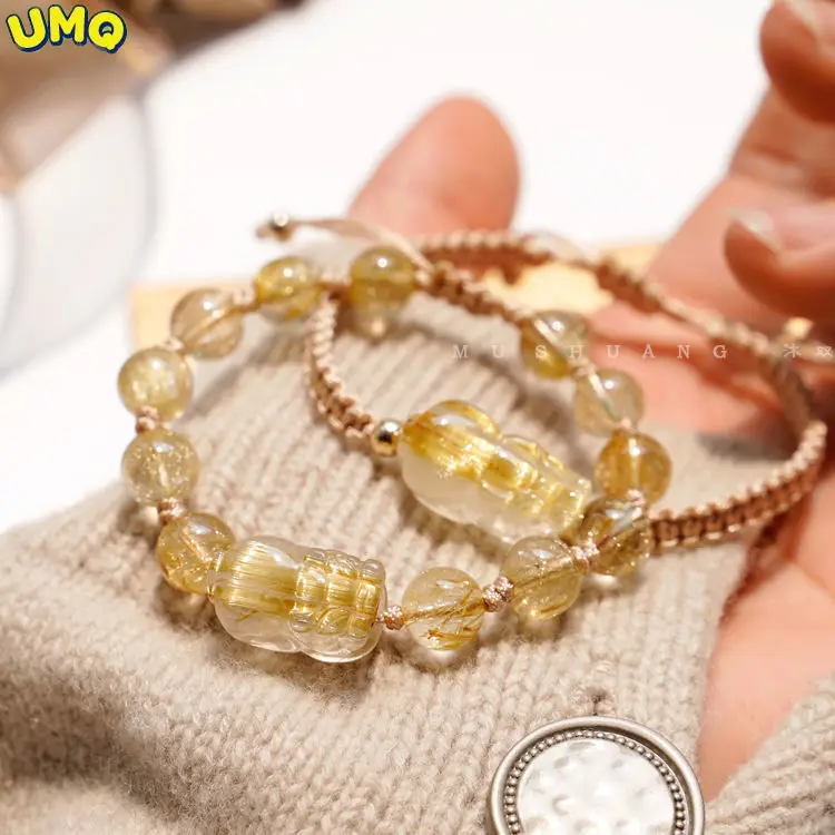

Pure Natural Mythical Wild Animal Golden Hair Crystal Luck bracelet Yellow Gold Wealth Healing Jewelry