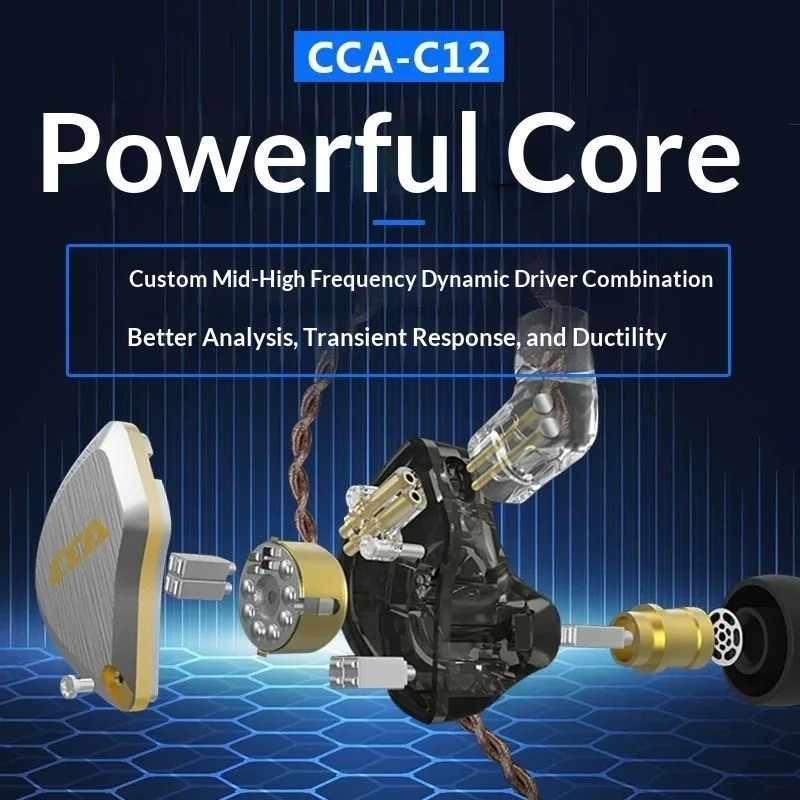 Наушники CCA C12 Hi-Fi аудиофильского класса, гибридные (динамические и сбалансированные арматурные), проводные, внутриканальные, для мониторинга, подарки (art.: 3920da2c4f98f) - 3920da2c4f98f