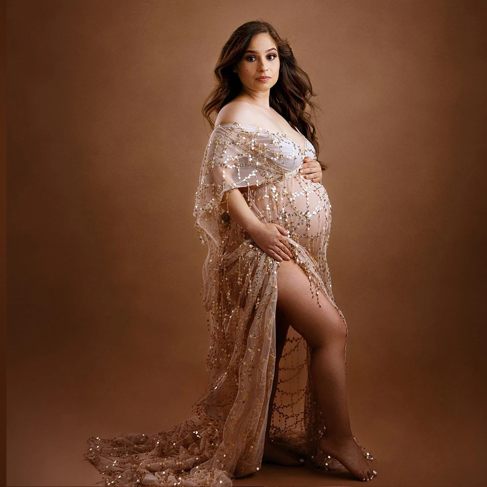 

Boho Tassels Sequins Champagne Materntiy Photoshoot Dress Bohemian Tulle Sequined Pregnant Woman Photography Dress