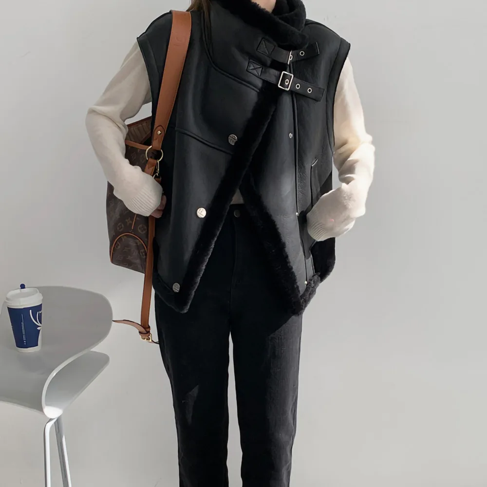 Women's Shearling Vest Genuine Leather Coat Warm Real Wool Waistcoat Double Face Biker Gilet MH3638L