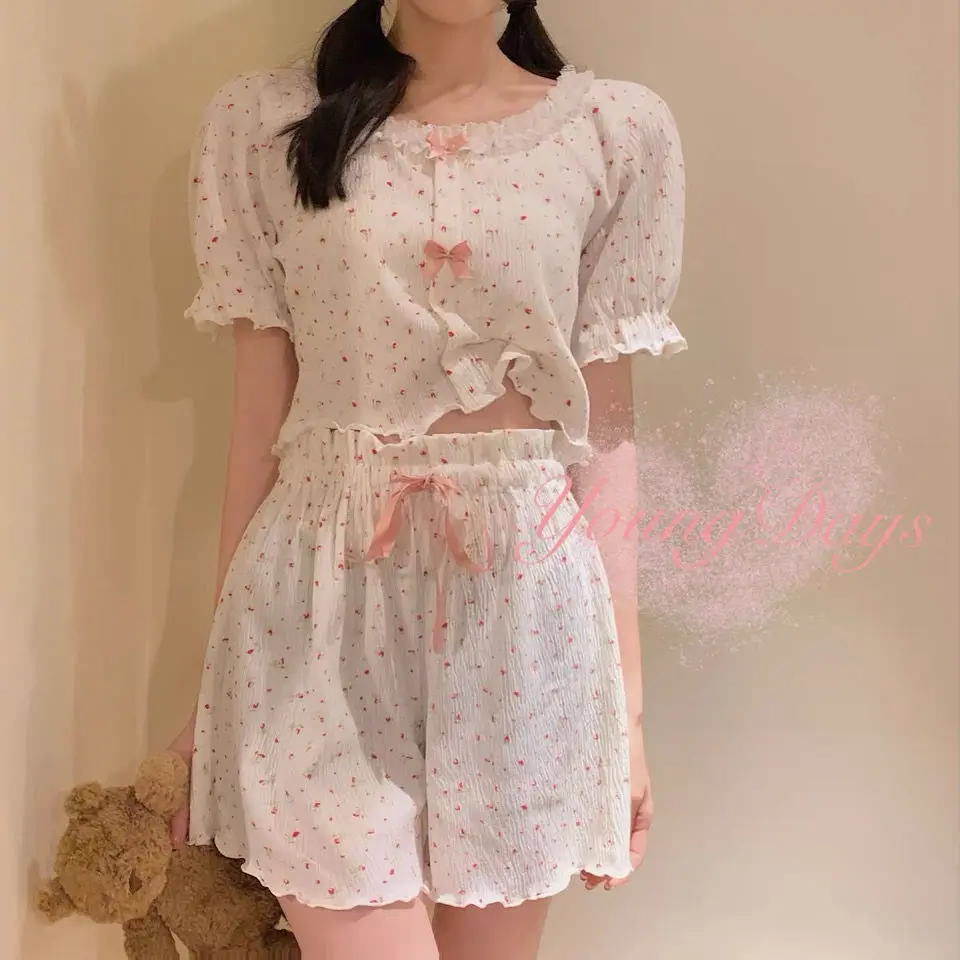 

M-XXL Summer Pajamas Women's Short-sleeved Shorts Sweet Home Clothes Suit Soft Bowknot Design Sleepwear