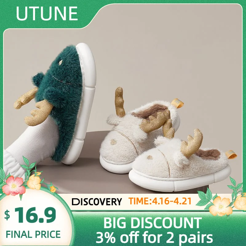 

UTUNE Зимние женские пушистые Мультяшные тапочки , домашняя обувь из шерсти кролика, на платформе из ЭВА, сливные мужские ботинки на плоской подошве, рождественские женские ботинки