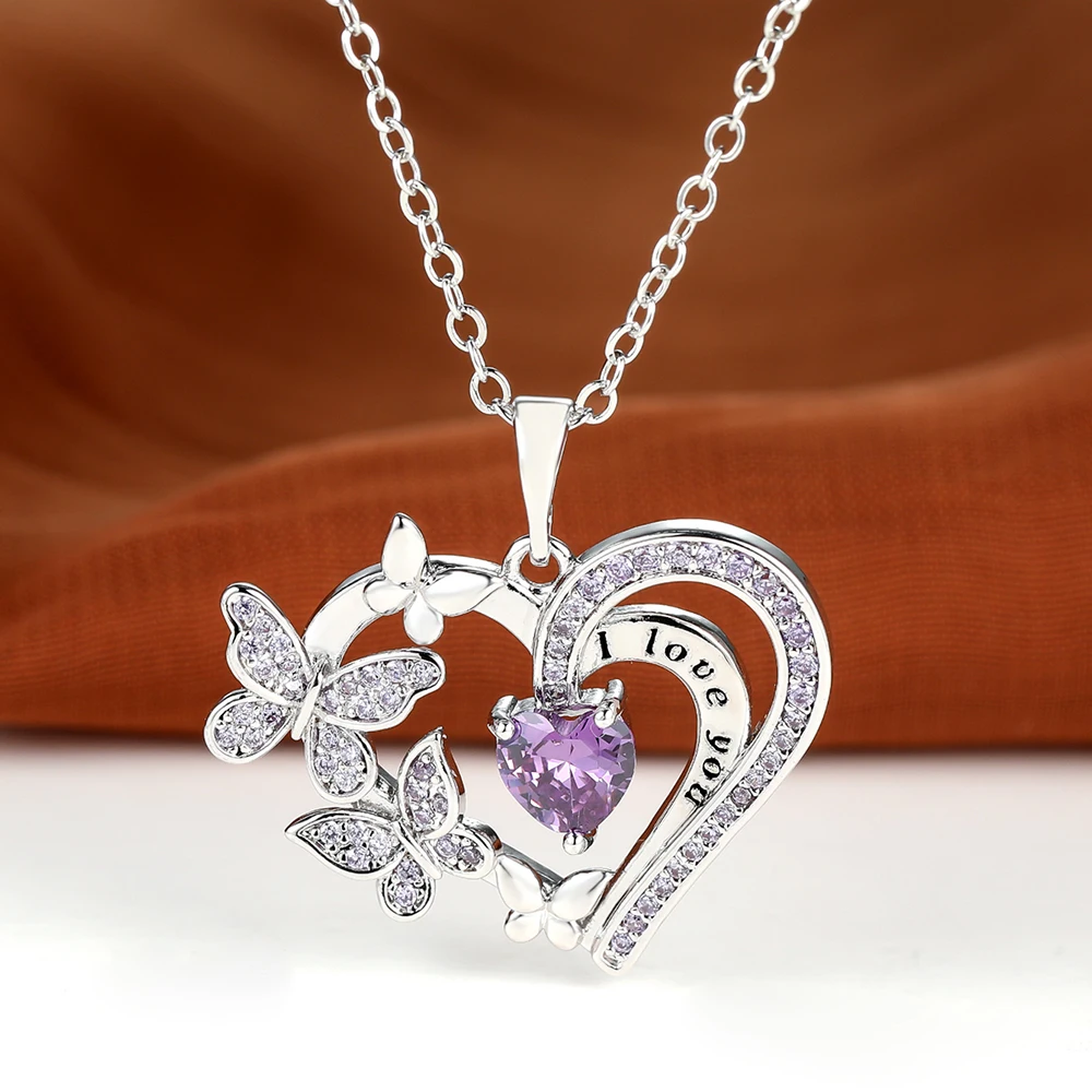 

Romantic I Love You Letter Heart Butterfly Pendant Necklaces Exquisite Girls Women Birthday Banquet Jewelry Je t'aime Collier