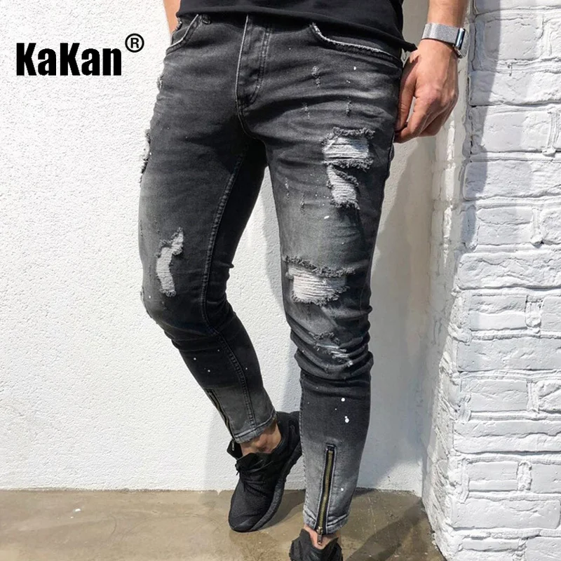 Kakan - New European and American Trend Distressed Small Leg Jeans for Men, Black Leg Zipper Stretch Long Jeans K45-NK52