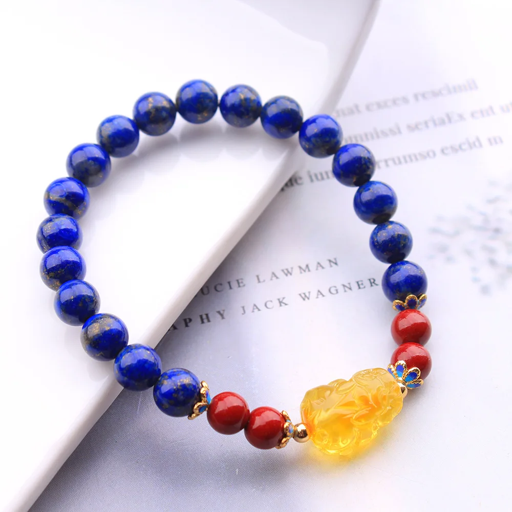 

Natural Lapis Lazuli Cinnamon Amber Pixiu Bead Bracelet For Women Lucky Amulet Healing Gemstone Beaded Bracelet Jewelry Gift