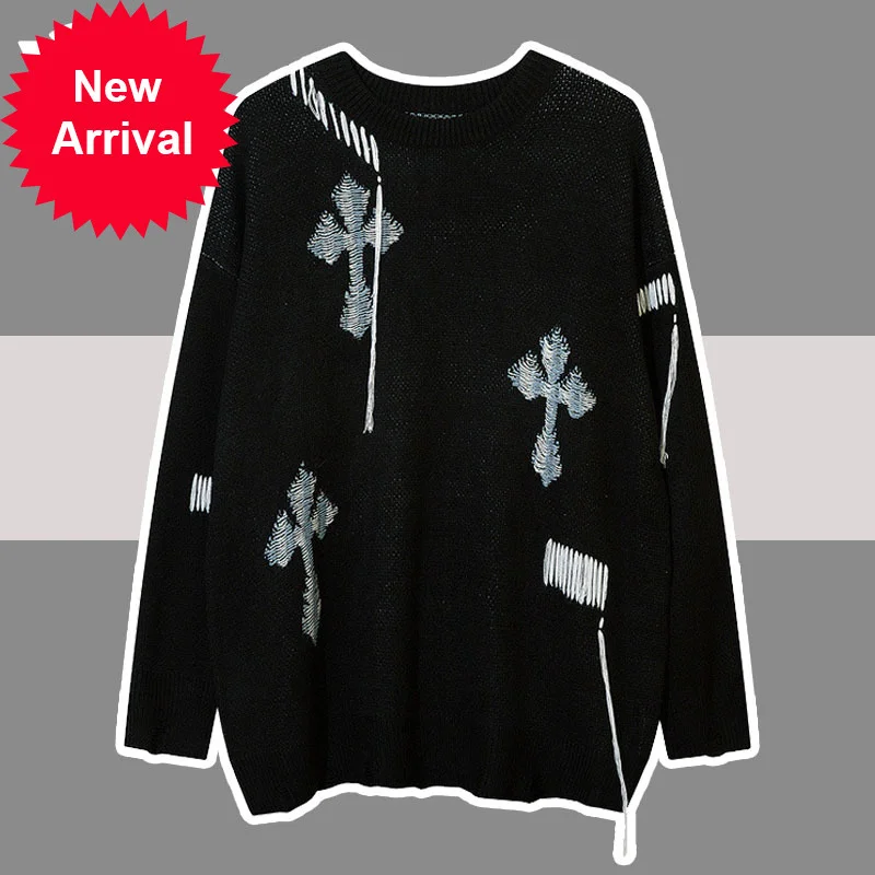 

Knitted Sweater Men Vintage Women High Street Cross Embroidery Hole Pullover Male Autumn Winter Hip Hop Casual Oversized Jumper