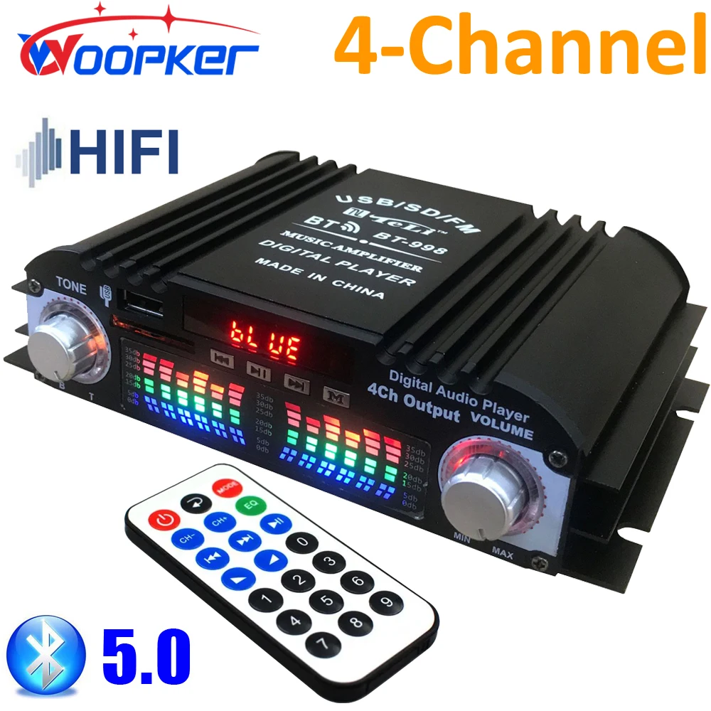 Woopker HIFI Audio Amplifier 4-Channel Digital Sound Amp Bluetooth 5.0 for Home Audio Systems, Cars, Karaoke Supports USB SD AUX