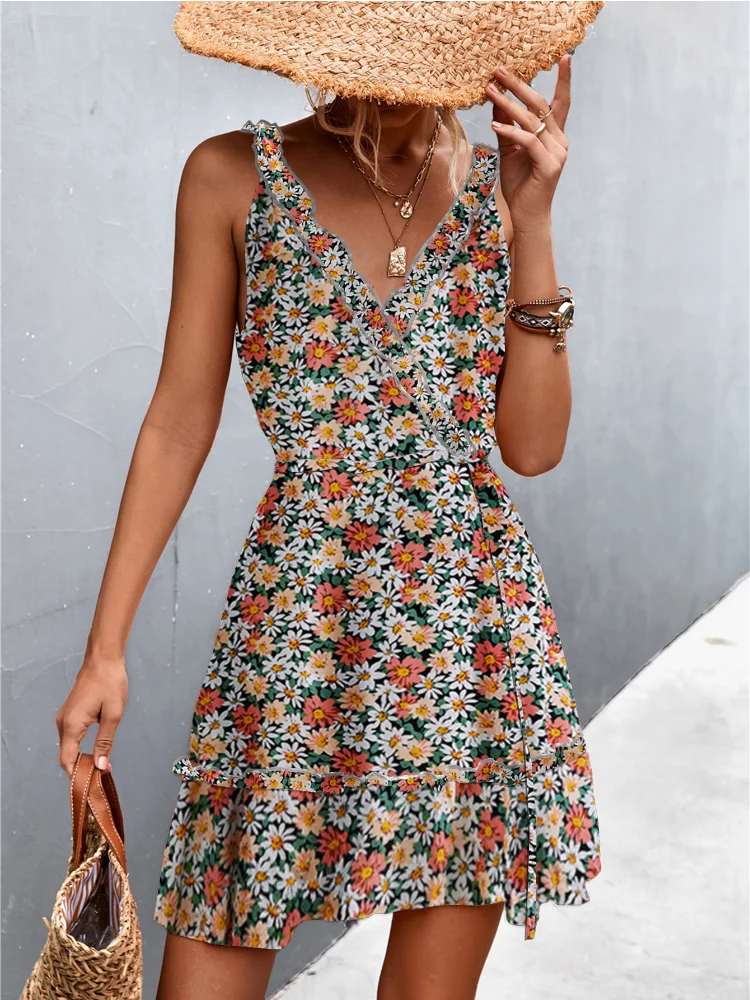 

Женское винтажное платье на бретелях, Привлекательное платье с V-образным вырезом, оборками и цветочным принтом, лето 2023