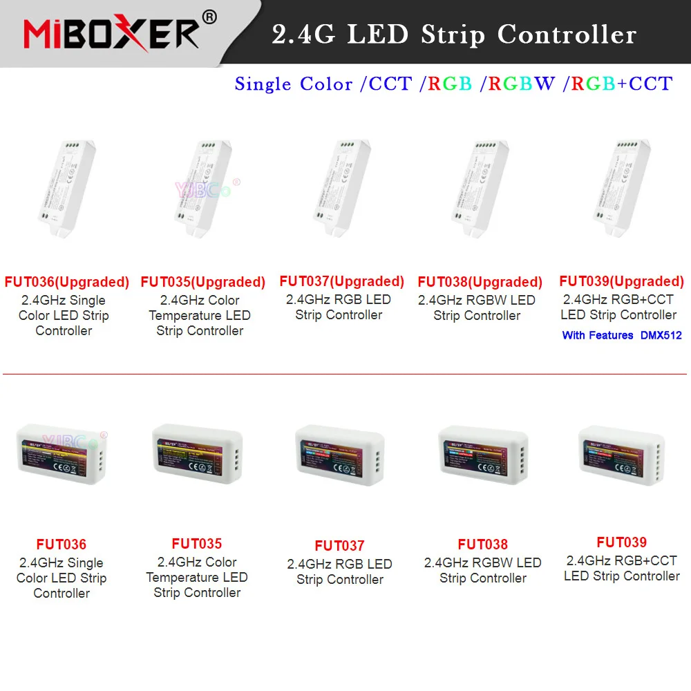 Miboxer Single Color FUT036/FUT035 CCT/FUT037 RGB/FUT038 RGBW/RGB+CCT DMX512 Upgraded FUT039 LED Strip Light Controller,12V 24V