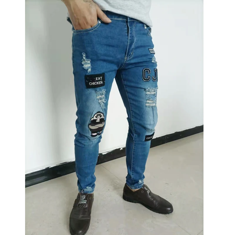 Men's Embroidered Ripped Jeans Skinny Slim Denim Trousers 2022 New Streetwear Hip Hop High Quality Black Jeans Men Clothing