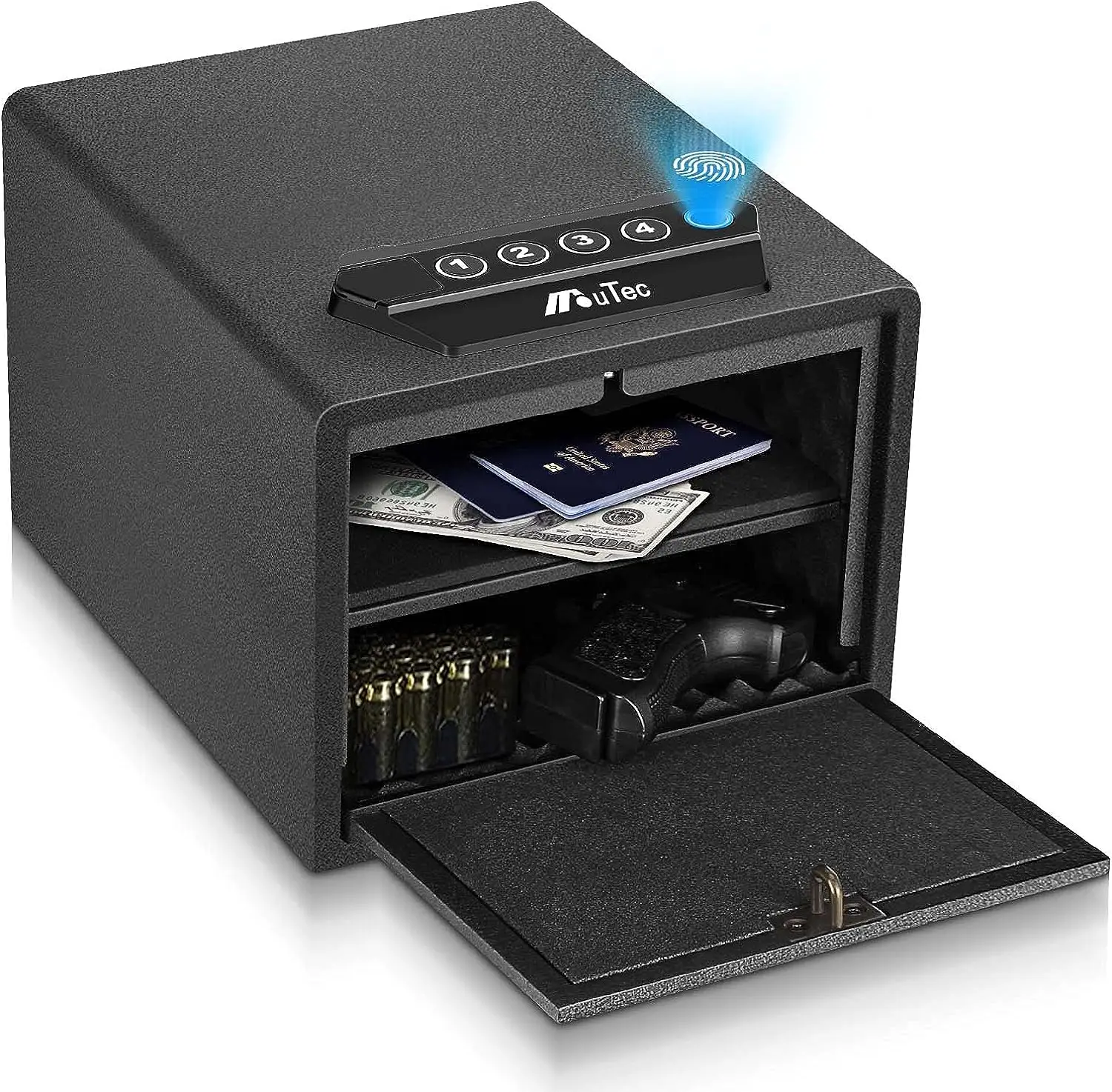 

Handgun Safe, Quick Access Fingerprint Multifunction Pistol Safe with Pop-Open Door and Removable Interior Shelf, Hand Gun Safe
