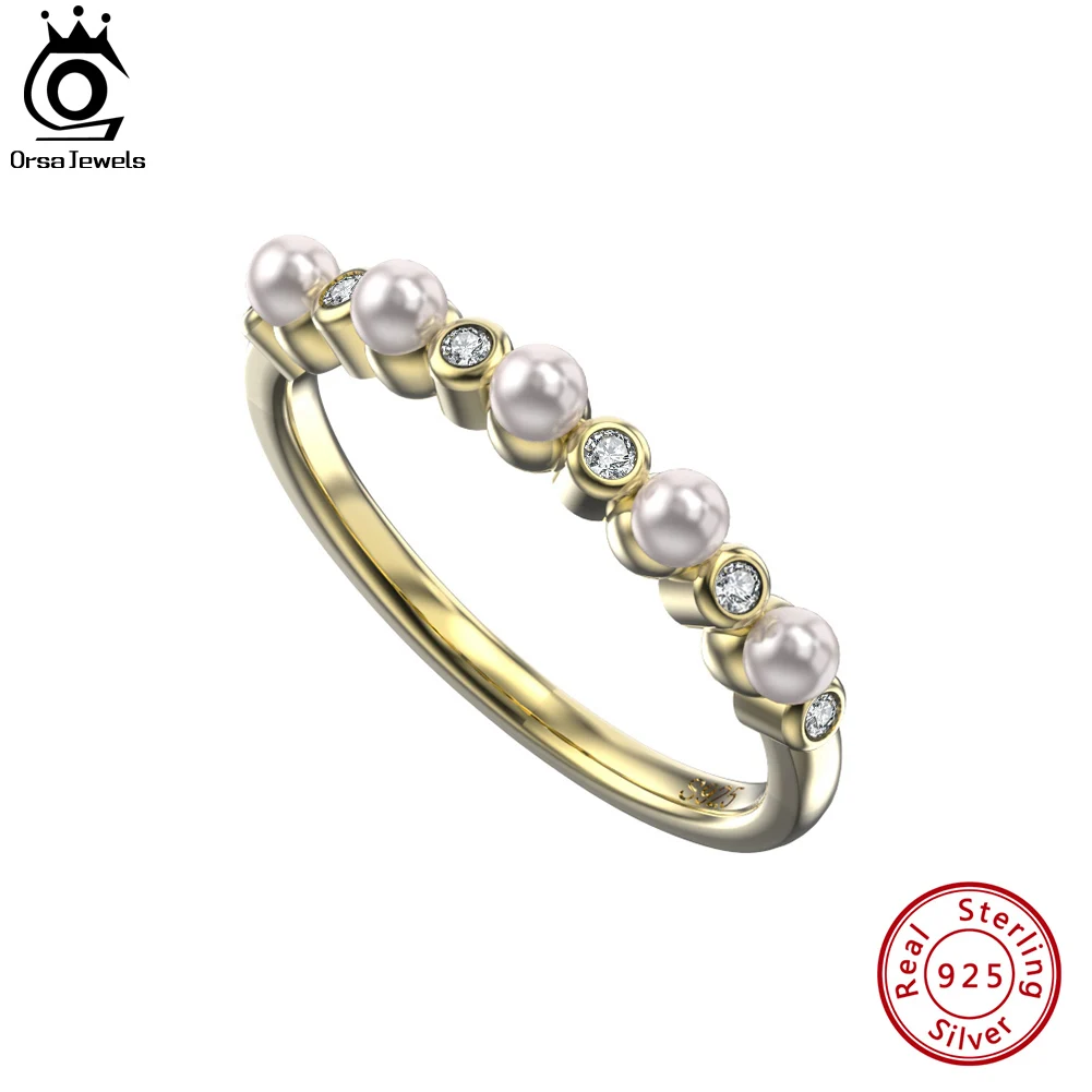 

ORSA JEWELS Luxury 925 Sterling Silver Pearl Ring with CZ Elegant 14K Gold Stackable Ring for Women Anniversary Jewelry EQR43