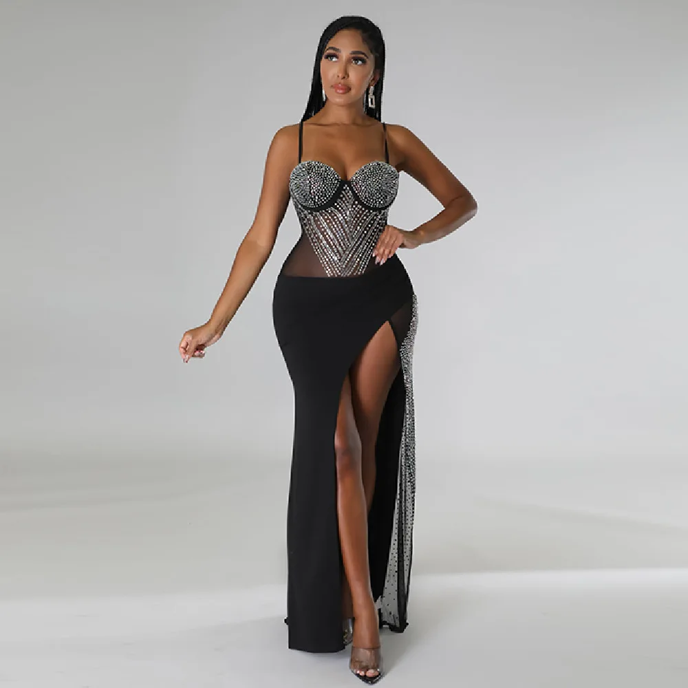 Women Bodycon Sequined Prom Evening Dress Spaghetti Sleeveless Backless Party Dress Sexy High Split Patchwork Formal Dresses