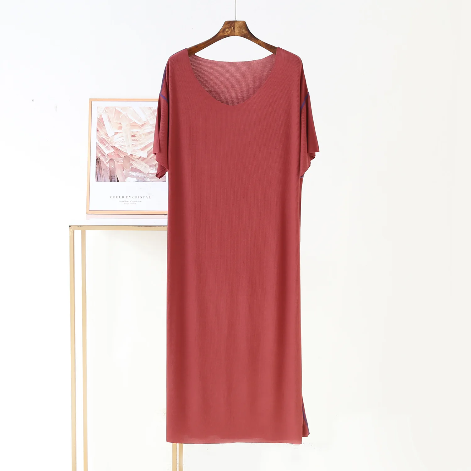 Fdfklak Casual Korean Women's Long Night Dress Loose Short Sleeve Nightgowns Femme V Neck Modal Comfortable Sleep Nightshirt