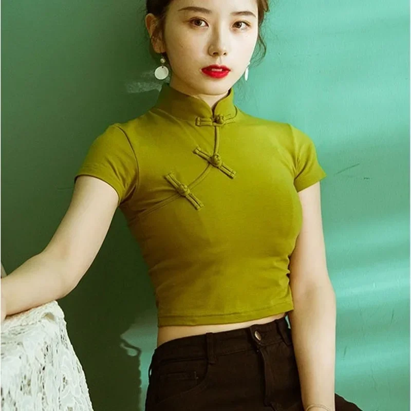 Женская блузка в китайском стиле винтажная рубашка Харадзюку модель 2024 на лето