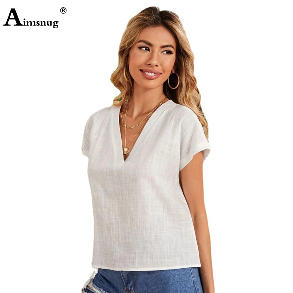 Aimsnug Short Sleeve Women Cusual Beach Shirt Blusas Sexy Female Top Pullovers 2022 Summer New Loose Vintage Cotton Linen Blouse