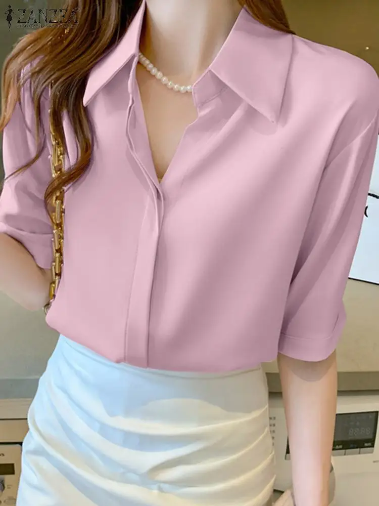 

Элегантная Женская Офисная рубашка ZANZEA, летняя Женская атласная блузка 2023, повседневные топы на пуговицах с рукавом до локтя, офисные блузки, женская рубашка
