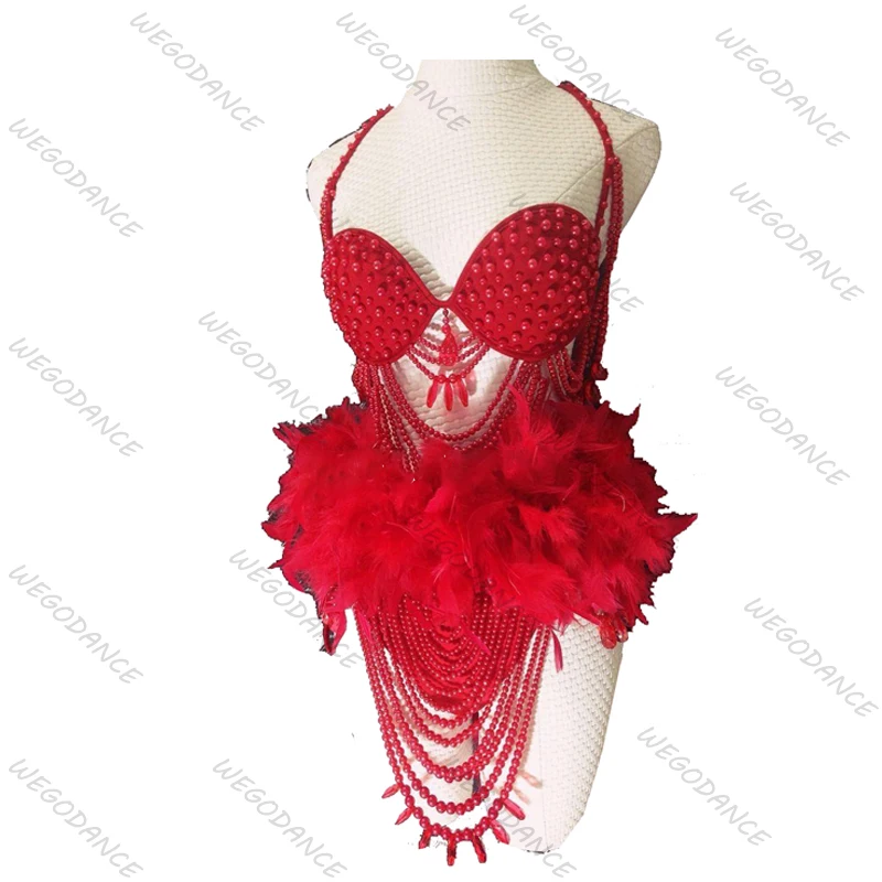 

Красный сексуальный костюм с перьями и бисером, новый костюм для выступлений, одежда для девушек