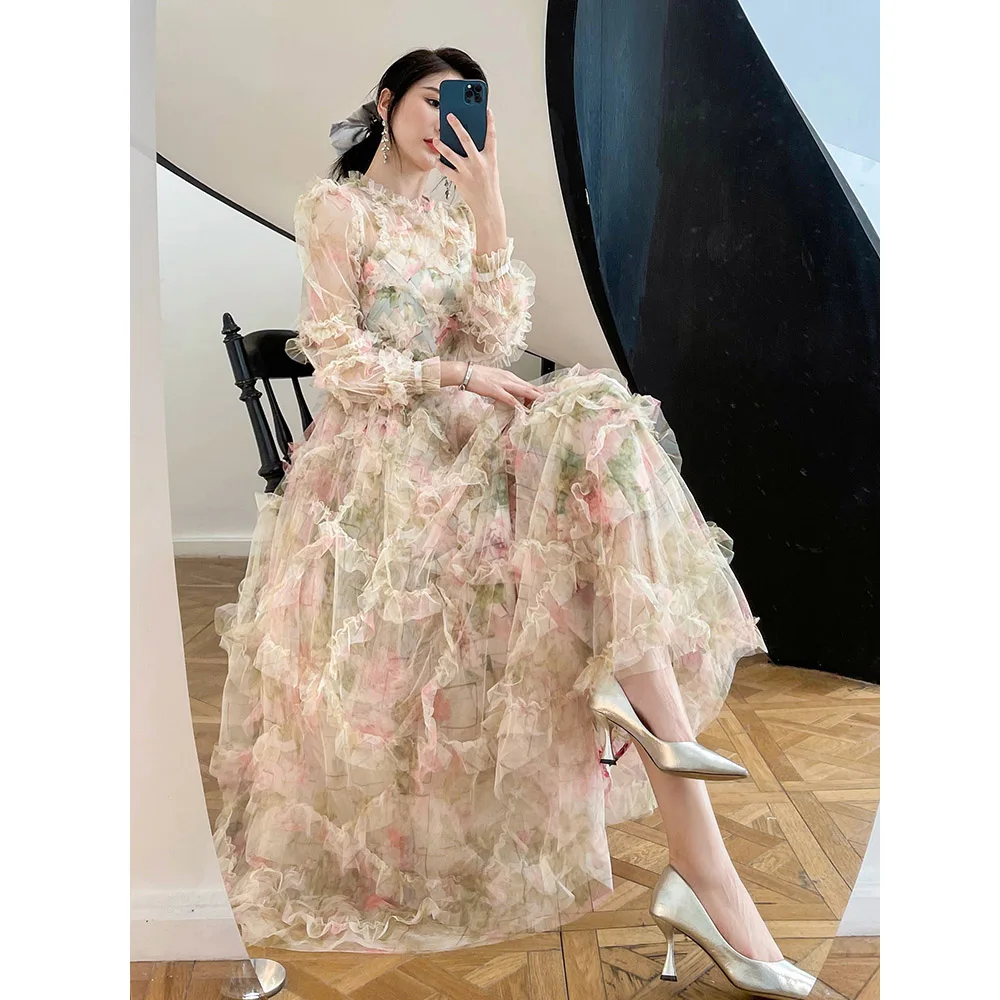 High-end Summer Royal Court Women Long Dress Ethnic Style Retro Elegant Lady Slim O-neck Party Princess Dress Female S-XXL