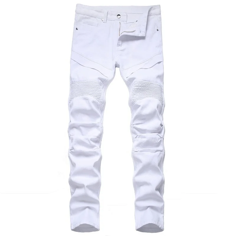 

Мужские белые джинсы скинни, размеры 28-42, Новые облегающие брюки в европейском и американском стиле со складками, трендовые мотоциклетные джинсы, брюки из денима (без пояса)