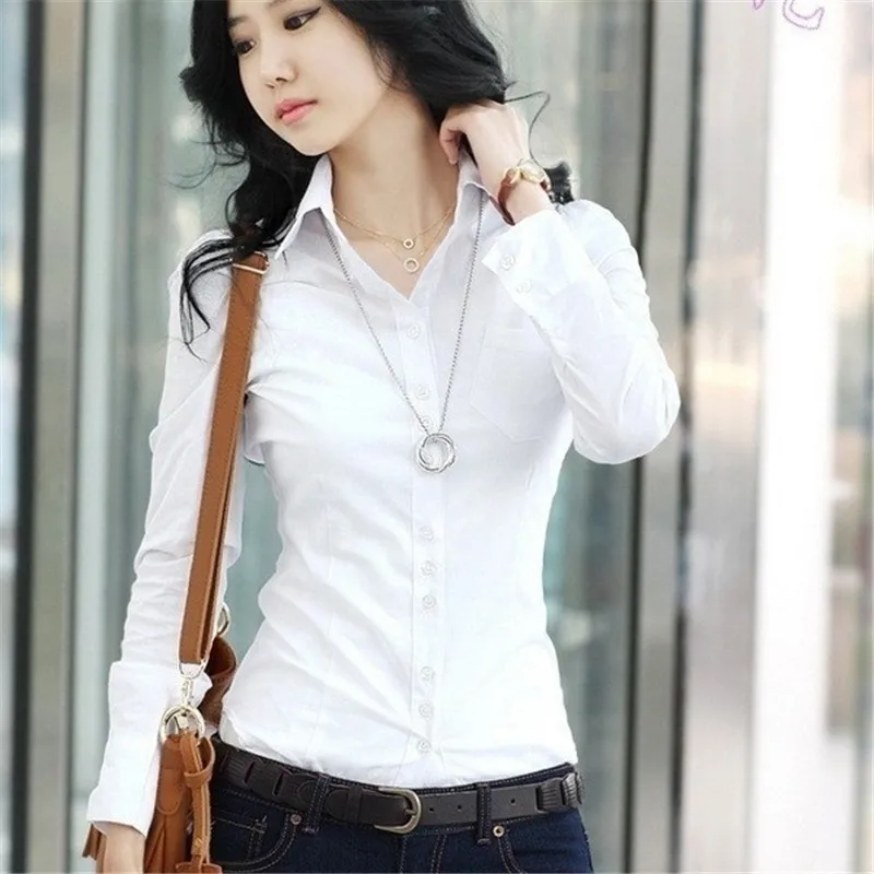 

Spring Korea Women Long Sleeve White Shirt Female Lady's Casual Lapel Slim Workwear OL Blouse Tops