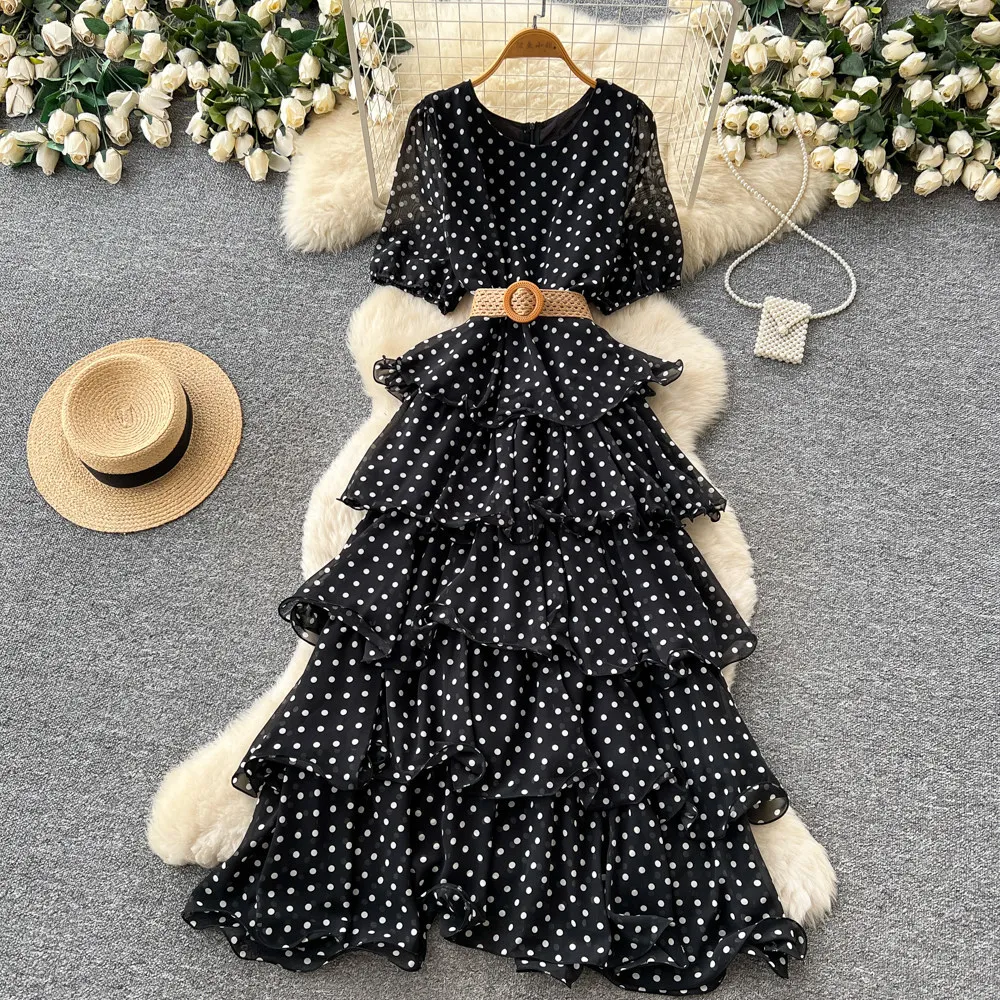 Фото Женское длинное платье Cake Dress, А-силуэт, Y2K, уличный стиль, с круглым вырезом, коротким рукавом, принтом в горошек, элегантное, для вечеринок, ночных мероприятий, работы, 2026 №3