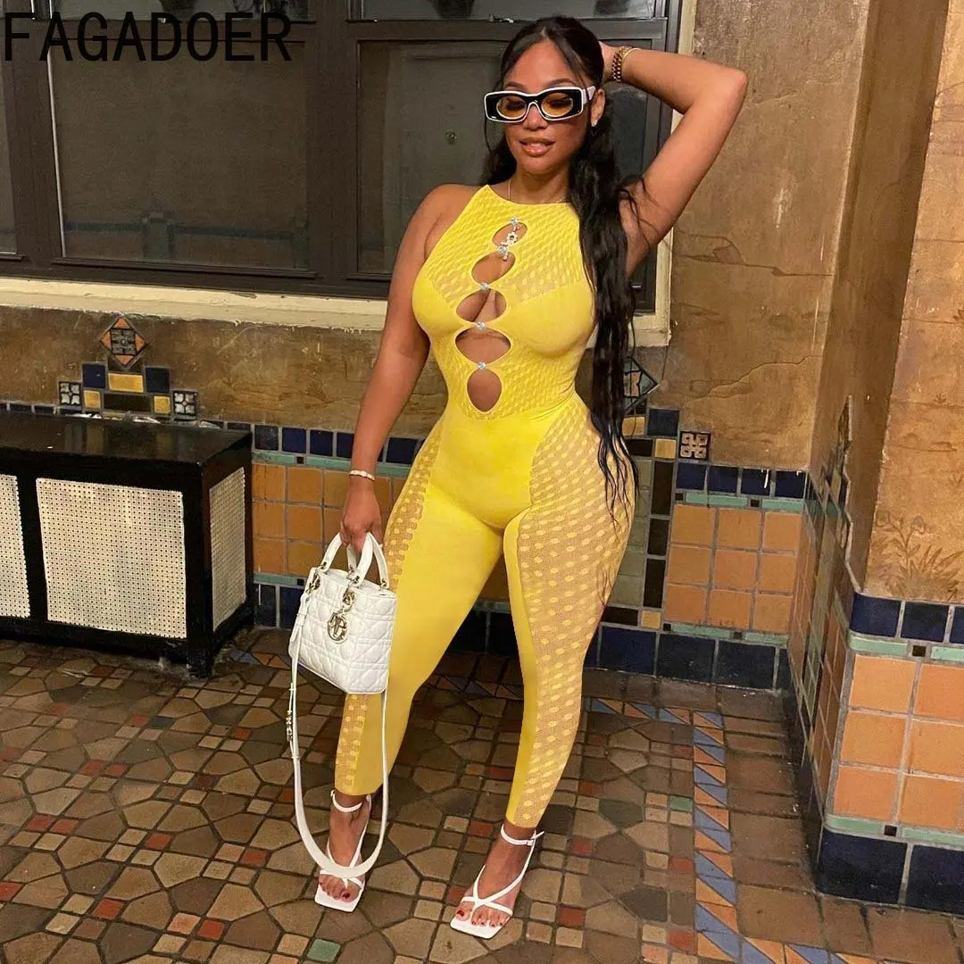 FAGADOER Sexy Mesh Hollow Out Jumpsuit Women Long Sleeve Perspective Patchwork Bodycon Playsuit Female Nightclub Overall Clothes