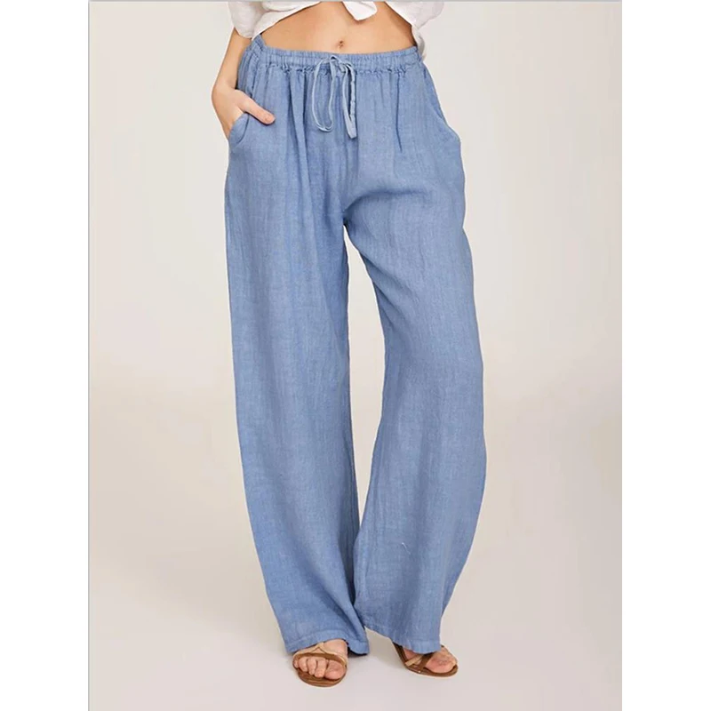 Women Cotton Linen Pants Summer Casual Loose Elastic Waist Pants Drawstring Wide Leg Solid Straight Trouser Female Cropped Pants