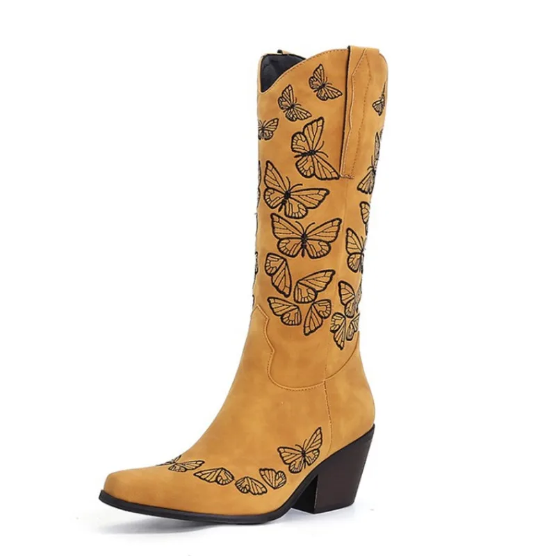 

Cowgirl Boots Western Boots Retro Embroidered Chunky Heel Pointed Toe Spring Women's Shoes Vintage Cowboy Boots Woman Boots