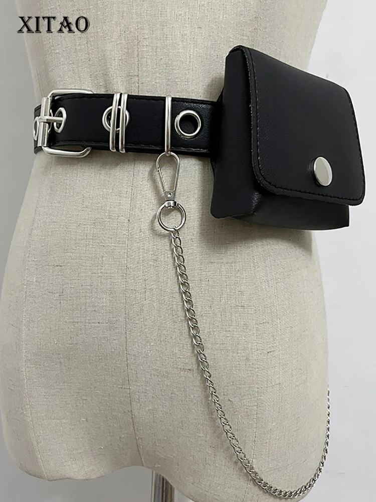 

XITAO Black Fashion Cummerbunds Personality Round Metal Hollow Out Fanny Pack Chain Splicing Decorate Street Trendy ZY7861